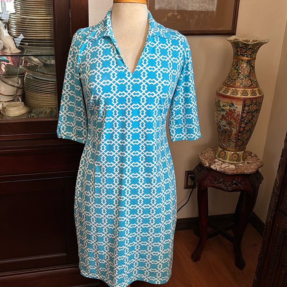 Katherine Way aqua patterned Nola dress sz XS